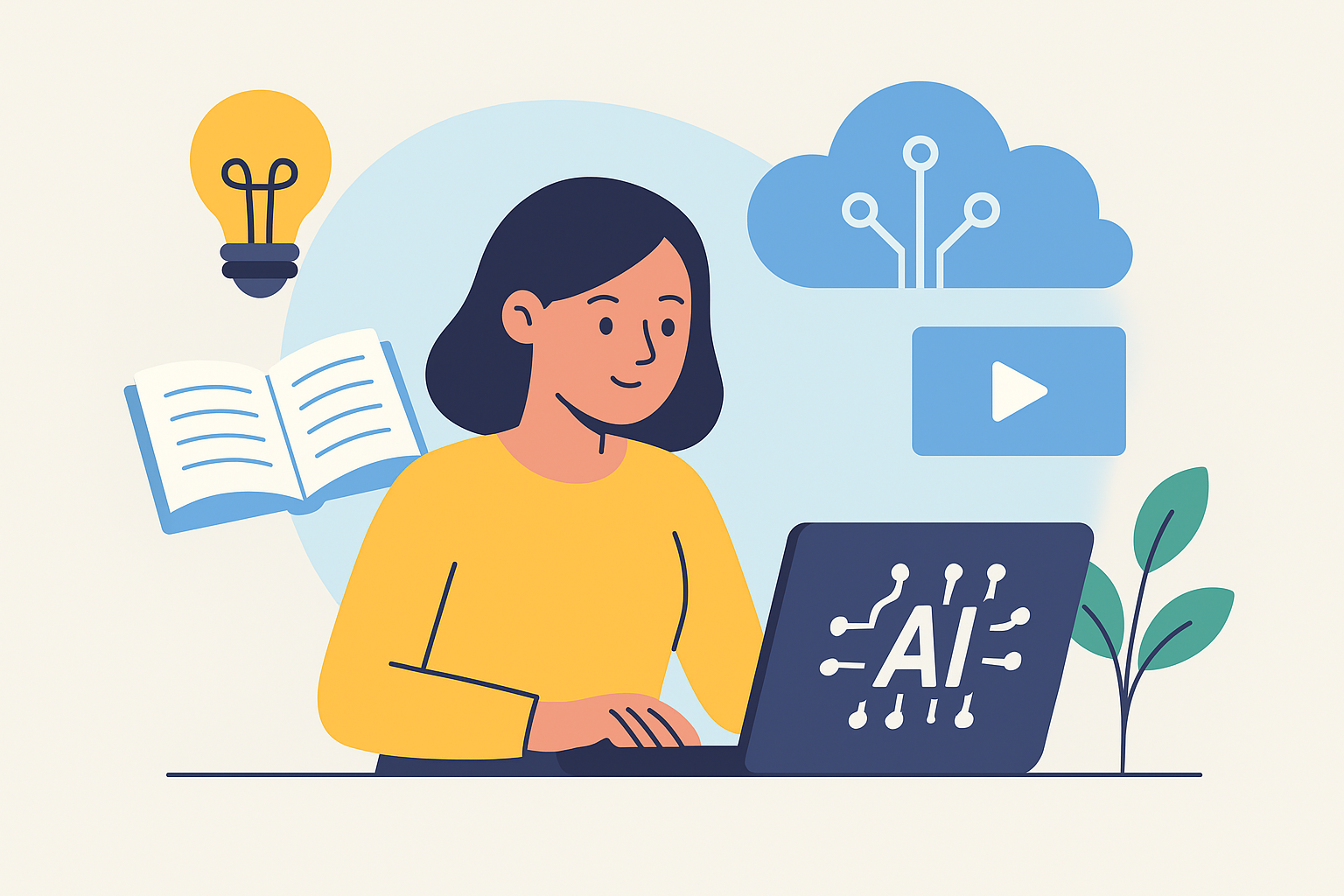 an AI generated image with a clipart style of a girl on her laptop surrounded by a light bulb, book, cloud, and play button.